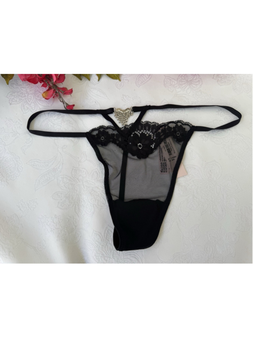 VICTORIA'S SECRET XL BLACK RHINESTONE CHARM V STRING STRAPPY THONG PANTIES NWT